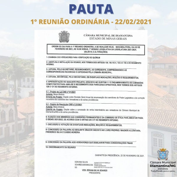 PAUTA DA 1° REUNIÃO ORDINÁRIA - 22/02/2021