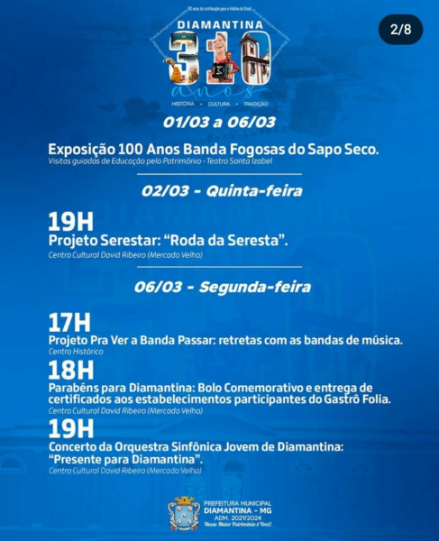 ANIVERSÁRIO DE DIAMANTINA - PROGRAMAÇÃO DA PREFEITURA MUNICIPAL DE DIAMANTINA PARA O MÊS DE MARÇO! 