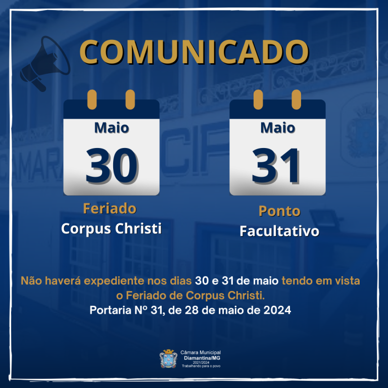 FERIADO DE CORPUS CHRISTI E PONTO FACULTATIVO!